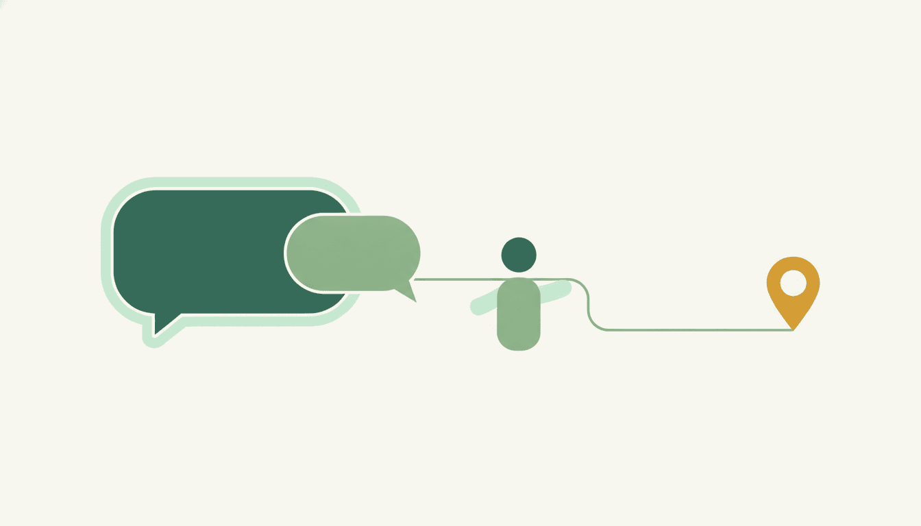 A speech-bubble shape being handed off between a small rounded chat-window figure and a small rounded person, with a single thread connecting them that abruptly stops short of a Google-style pin marker in the distance