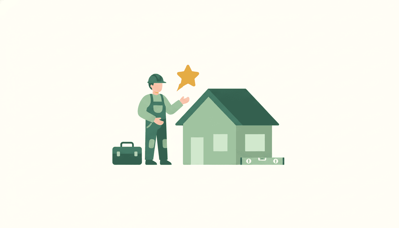 A contractor beside a star speech bubble and a small toolbox, exchanging a warm reply