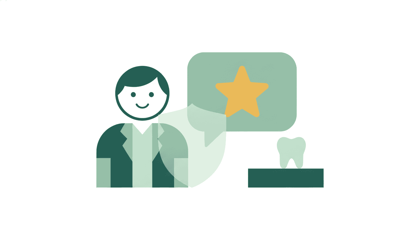 A dentist beside a star speech bubble that is shielded by a small privacy shield