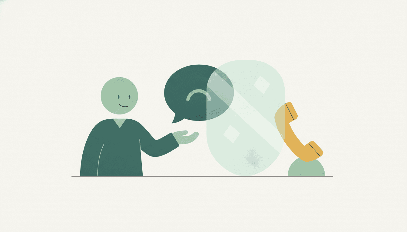 A dentist gently guiding a frowning speech bubble toward a private phone, a privacy shield beside it