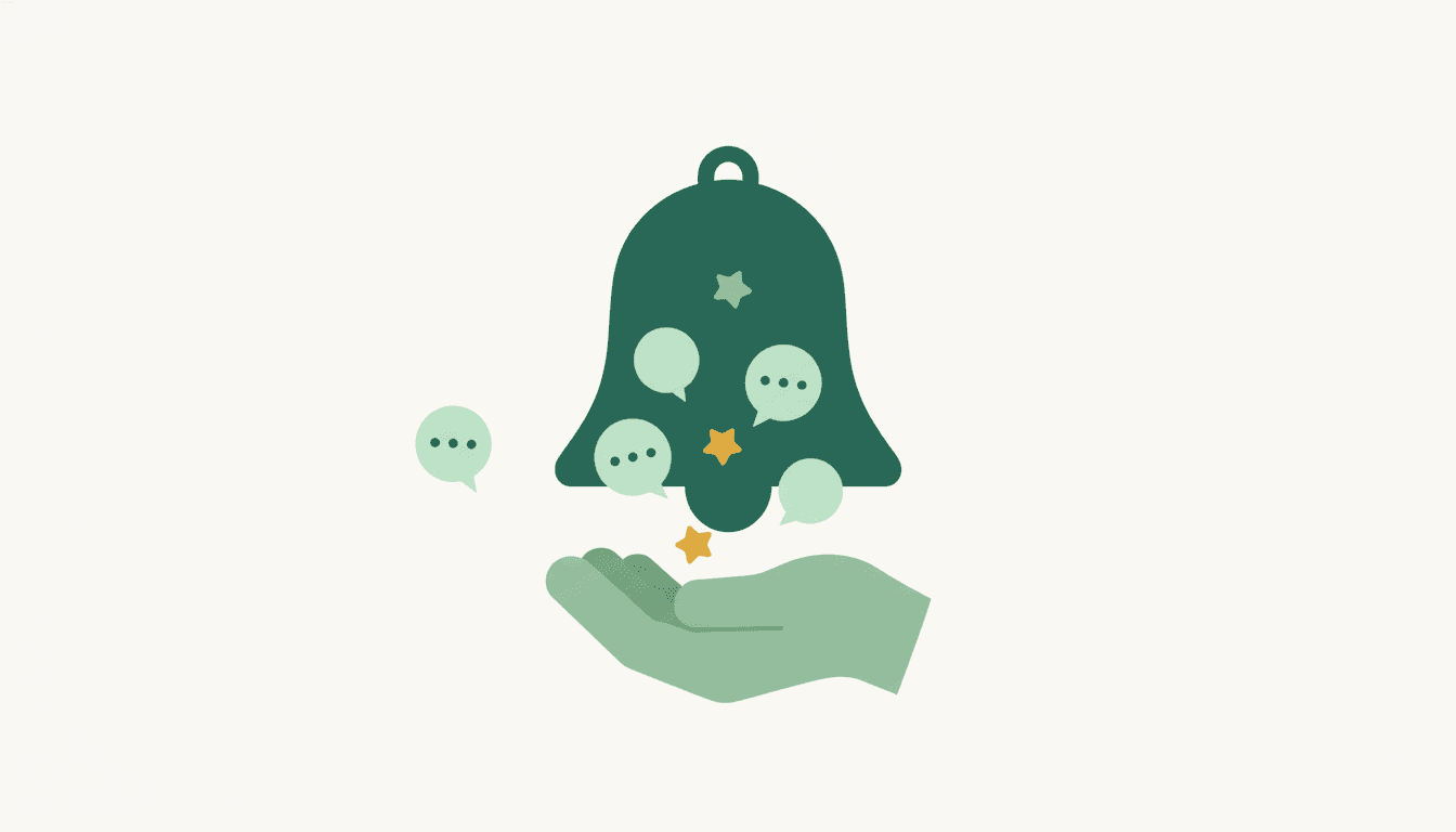 A simple bell shape catching several incoming speech-bubble signals arriving from different directions, cupped in an open hand beneath it, while one stray bubble drifts past just out of reach