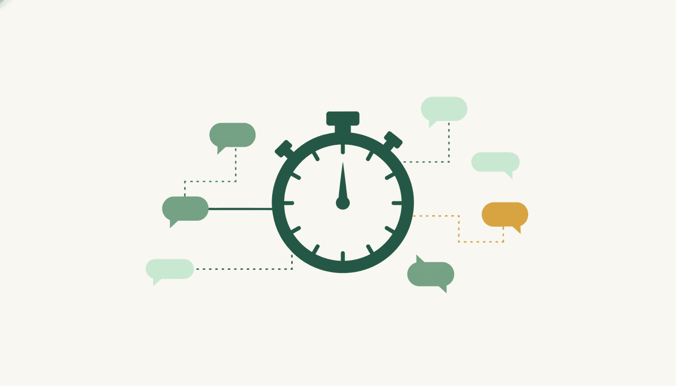 A stopwatch with plain tick marks and a single hand, surrounded by small speech-bubble shapes at different distances, the nearest linked by short solid lines and the farthest by longer dotted lines