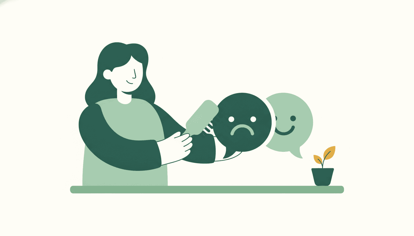 A salon owner gently brushing a frowning speech bubble until it turns into a smiling one, a small sprout beside it